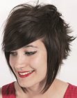 Angled mid-length hairstyle with heavy side bangs