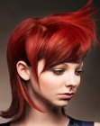 Red hairstyle with long sweeping lines along the sides
