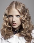 Goth look with curls and dark blonde hair