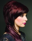 Glamour hairstyle with extensions and a red wine hue