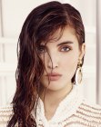 Long brown hair with wet look styling