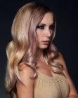 Long blonde hair with pink and purple color accents