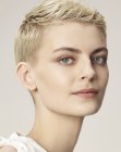 Very short blonde pixie with gel styling