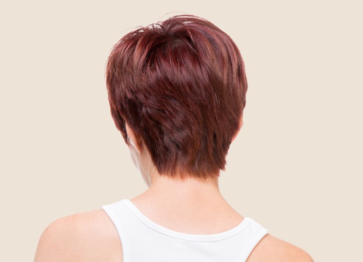 Woman with short greasy hair seen from the back