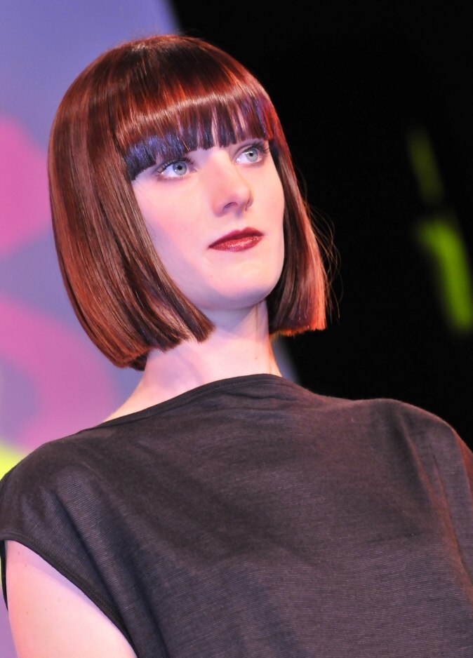 Blunt bob with long bangs and cut with precision a little below the chin