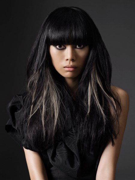 Long black hair with silver strands
