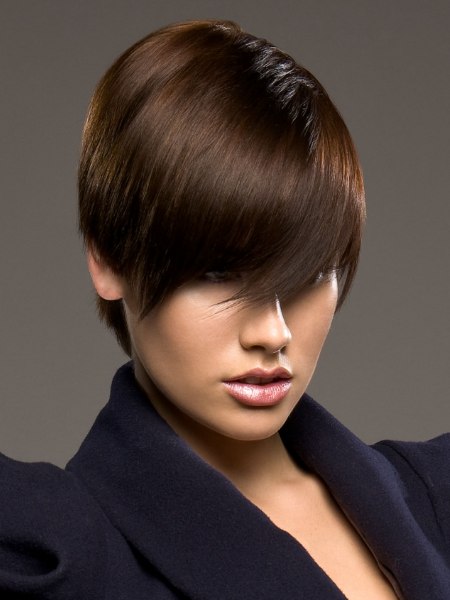 Modern short haircut with bangs for chestnut brown hair