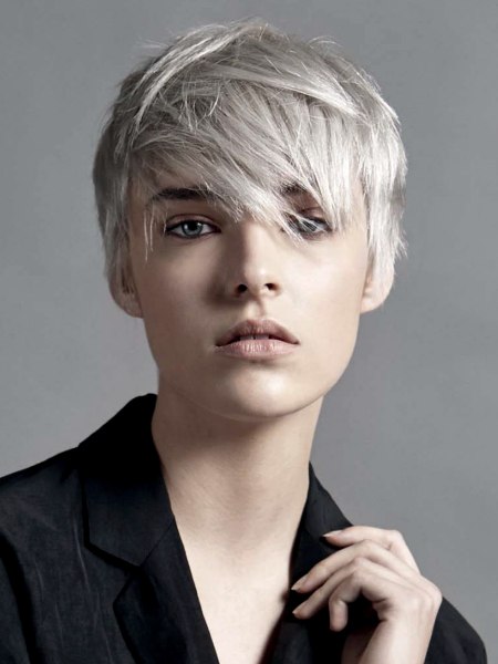 Short hair with layers and a cool gray color
