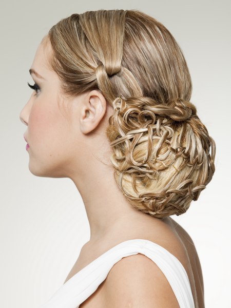 Classic snood inspired updo with basket woven hair
