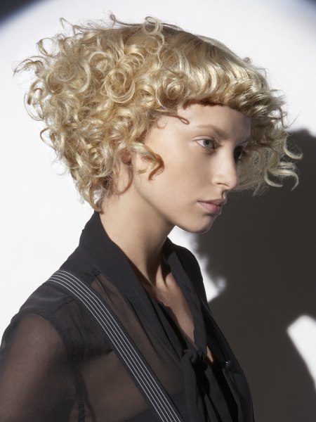 Short blonde hair with curls and waves along the front