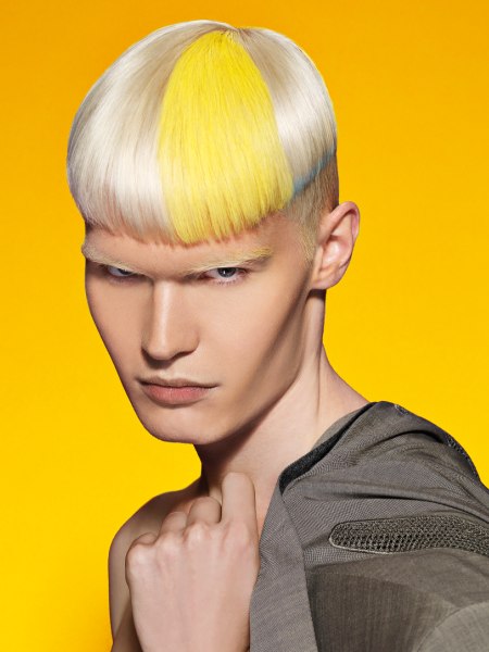 Blonde men's hair with yellow and blue color accents