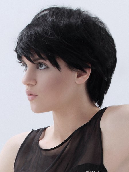 Side view of a short hairstyle with bangs