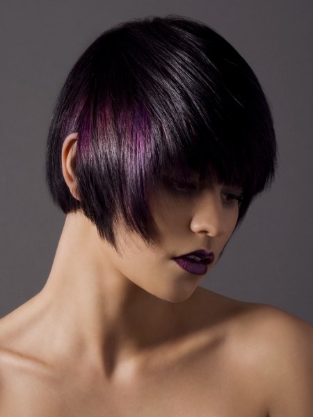 Dark bobbed hair with a purple tint