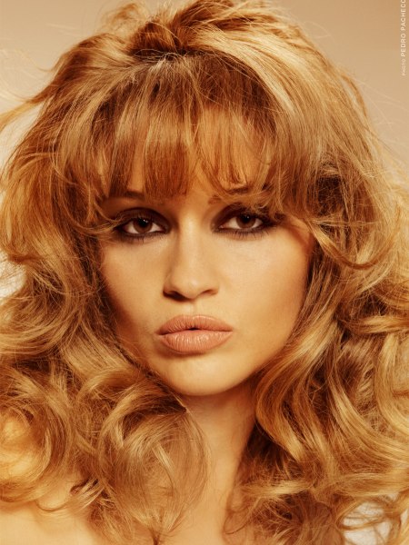 Brigitte Bardot look with long curly hair and long bangs
