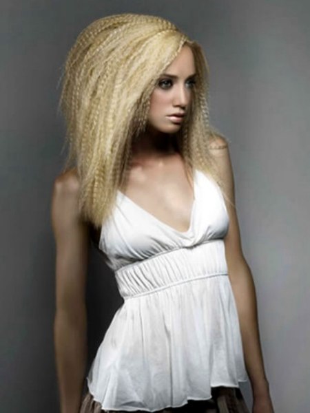 Long blonde hair crimped in small sections