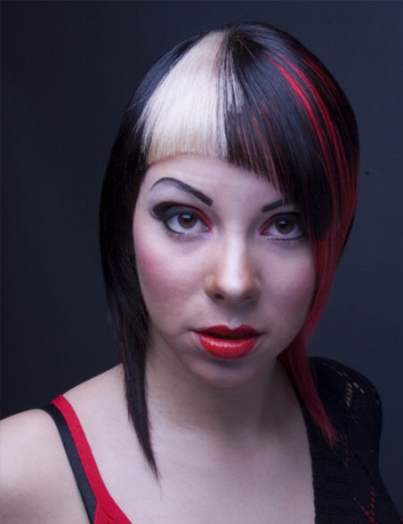 Challenging hair color with a combination of black, red and white