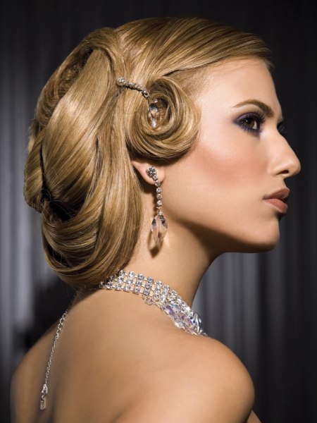 Up-style with pin curls reminiscent of the snood hairstyle