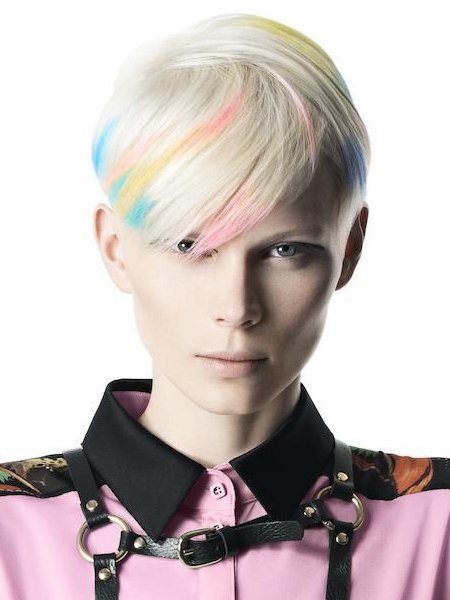 Short blonde hair with pink and blue accents