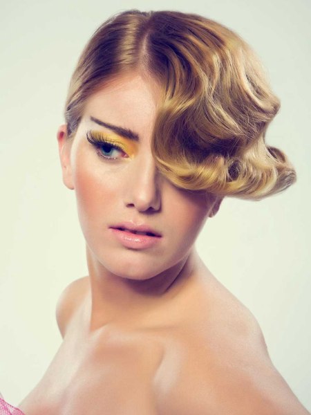 Short hairstyle with finger waving and barrel curls