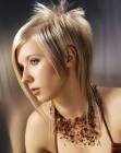 Funky blonde hairstyle with different hair lengths