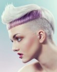 Short blonde hair with buzzed sides and neck and a purple accent color