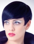 Short black blue hair with fine sideburns and curved lines