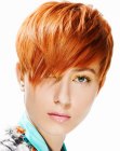 Layered short hairstyle with the hair combed into the face