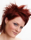 Red hair in a short cut with top hair that is spiked up