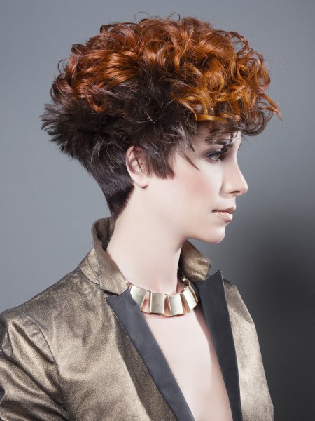 Hairstyle with a steep short neckline and curls