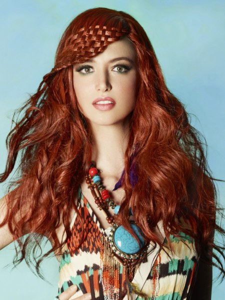 Long red hair with a woven fringe
