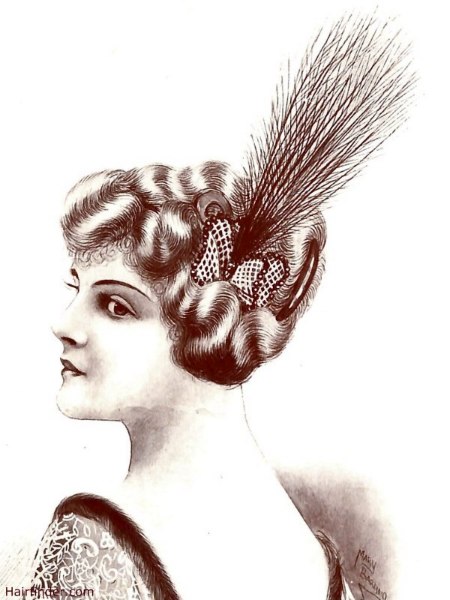 Vintage hairstyle with waves and a feather