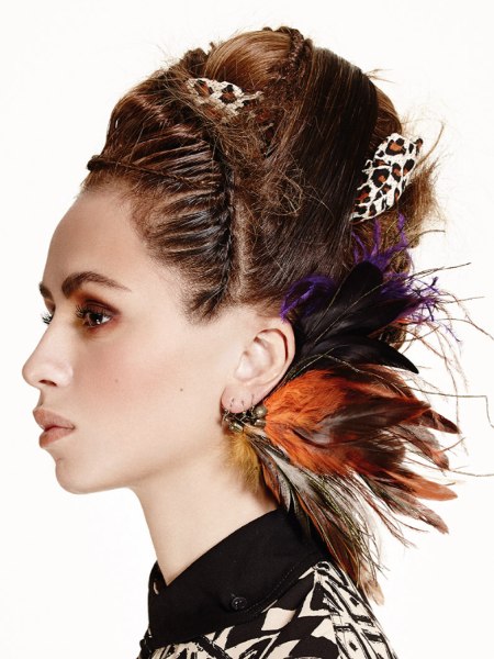 Exotic updo with feathered hairpins