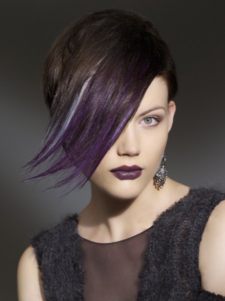 Short brown hair with a purple fringe