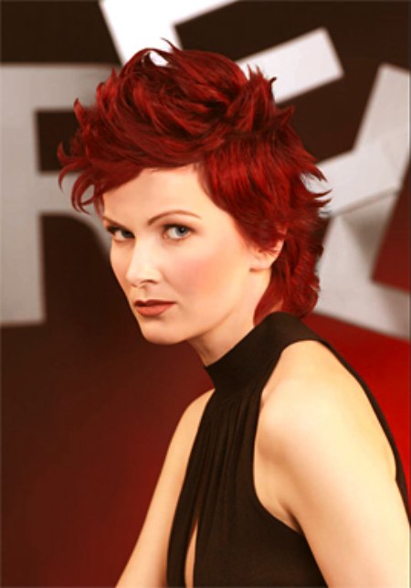 Style and go hairstyle with a bi-level cut for wine red hair