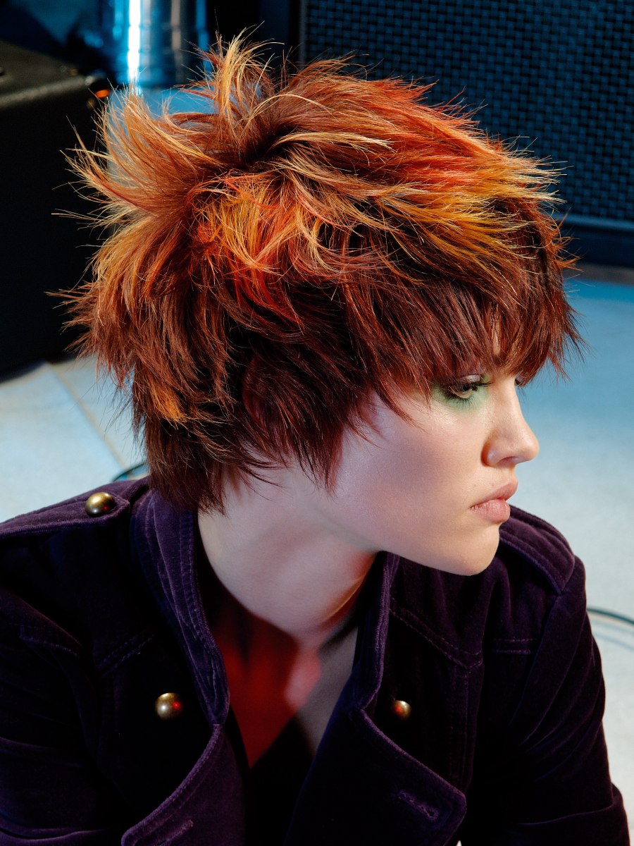 Ruffled and fringy punk hairstyle with spiky texture and 