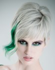 Short silver hair with a green color flash
