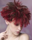 Short hairdo with brown and red hues and radical texture
