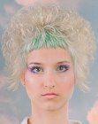 Short and curly blonde hair with green bangs