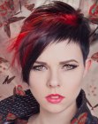 Short black hair with varying lengths and red accents