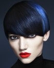 Short black hair with a glossy surface and a navy blue color accent