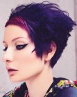 Short wegde shape hair with a combination of blue and purple