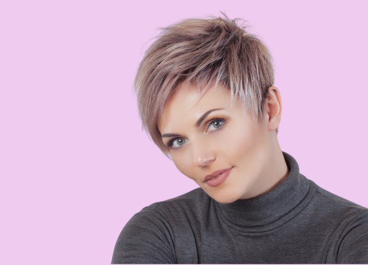 Woman with a stylish short hairstyle wearing a turtleneck