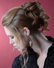 Pinned up hair with a rolled ponytail