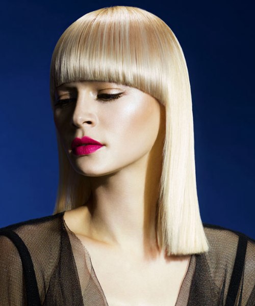 Long bob hairstyle with arched bangs