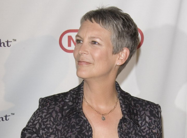 Side view of Jamie Lee Curtis very short haircut