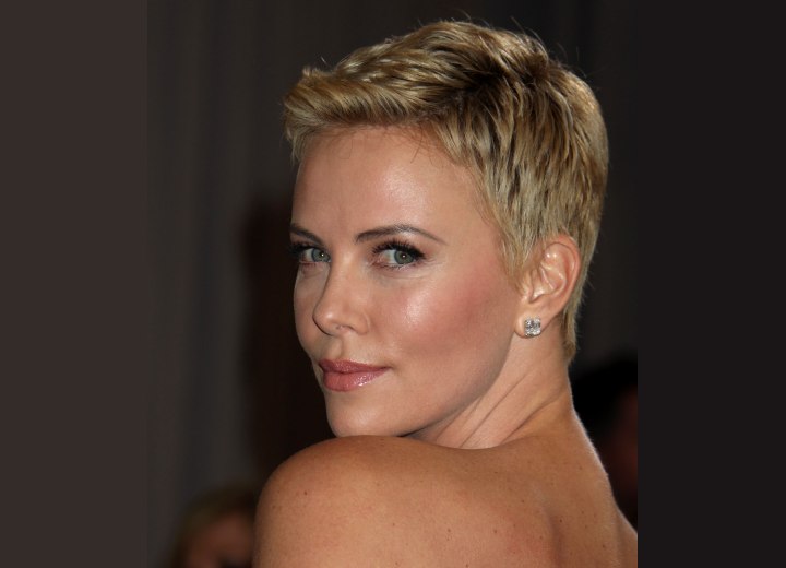 Charlize Theron with super-short hair