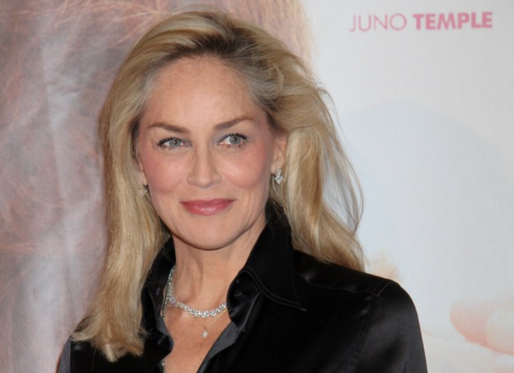 Sharon Stone's long smoothed-out hairstyle