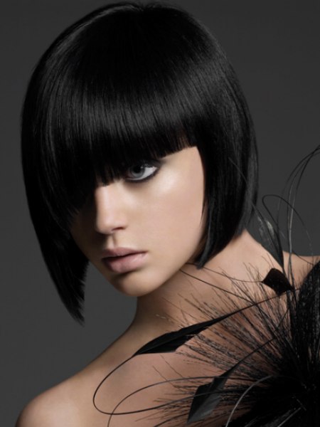 Black chin-length bob with a slight A-line