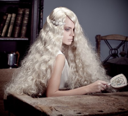 Rapunzel look with waist-length platinum blonde hair
