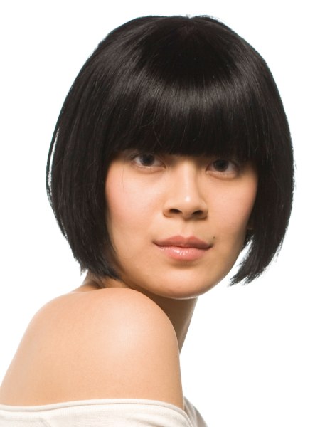 Classic chin-length bob for shiny black hair